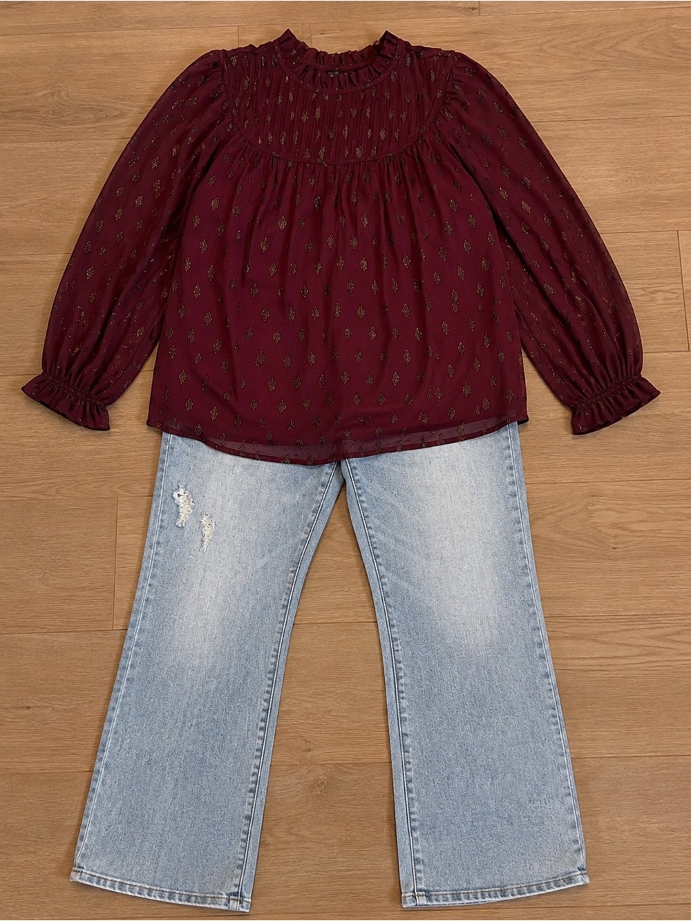 LOFT Burgundy Metallic Clip Dot Blouse Size L NWT Pleated Yoke